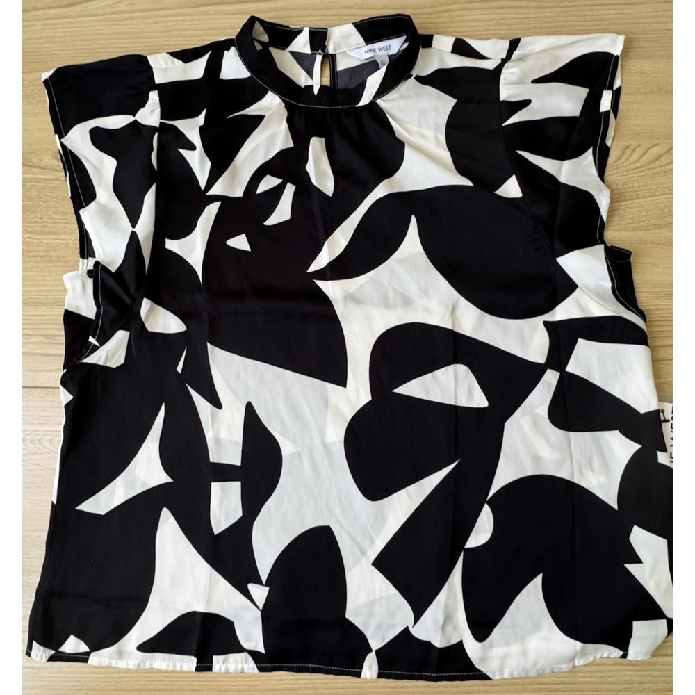 Nine West XL Black Ivory Abstract Print Keyhole Back Blouse Top NWT